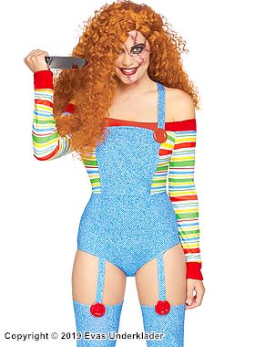 Chucky fra Child's Play (kvinne), kostymeundertøysbody, knapper, off-shoulder, fargerike striper